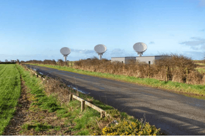 MOD photomontage showing radar dishes from the DARC scheme visible above hedgerows on the local road to Brawdy, Pembrokeshire
