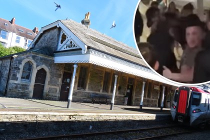 Tenby railway station, where four teenagers were stabbed on Tuesday night. Inset: Social media footage circulated following the incident.