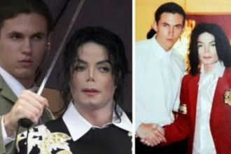 Two photographs showing Matt Fiddes with Michael Jackson — one at a public appearance, one an earlier photo of the pair shaking hands