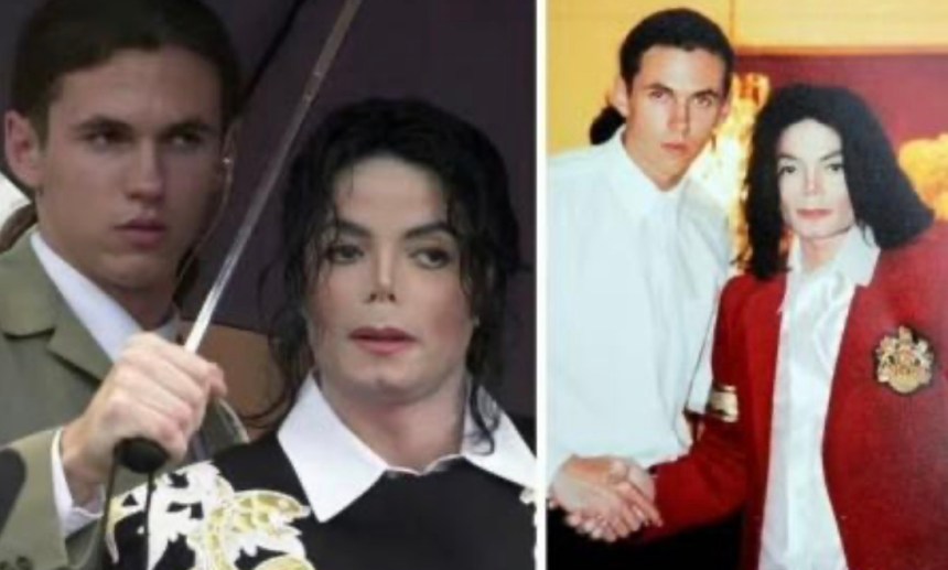 Two photographs showing Matt Fiddes with Michael Jackson — one at a public appearance, one an earlier photo of the pair shaking hands
