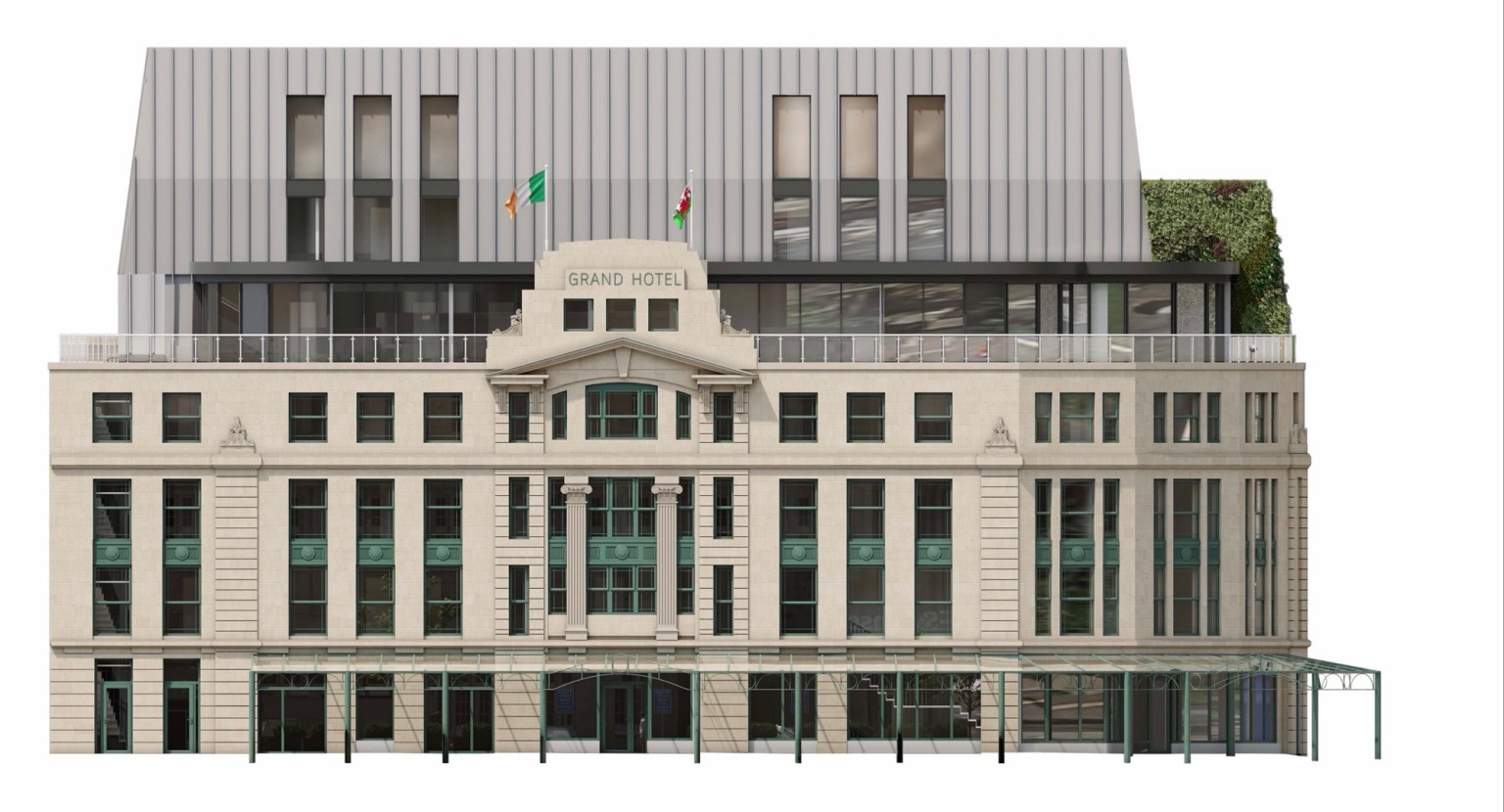 Architectural visualisation of the Grand Hotel Swansea showing the approved north elevation with new mansard roof extension above the original 1930s Art Deco façade