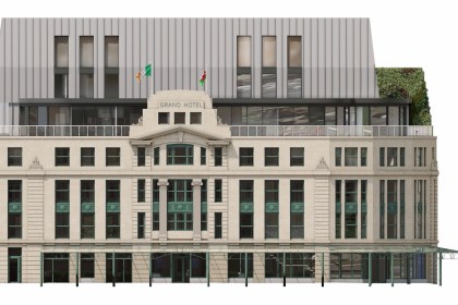 Architectural visualisation of the Grand Hotel Swansea showing the approved north elevation with new mansard roof extension above the original 1930s Art Deco façade