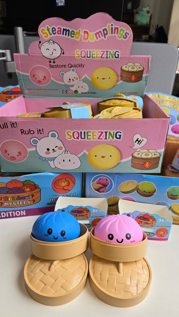 Two squishy dumpling toys in bamboo steamer containers sit in front of boxes of similar products tested by Swansea Council Trading Standards and found to contain hazardous chemicals.