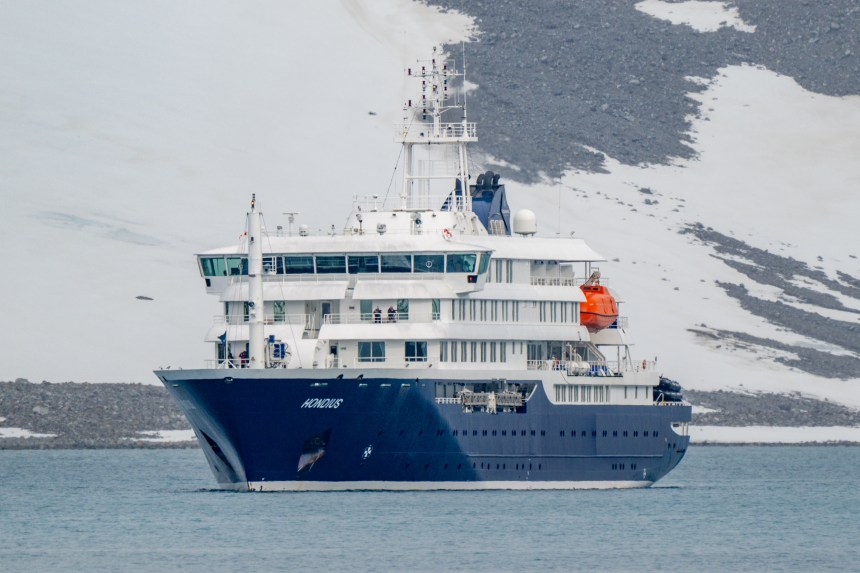 The MV Hondius, a dark blue and white expedition cruise ship, seen from the bow with the name Hondius visible on the hull, sailing in calm grey-blue waters with a snow-covered rocky hillside behind it.