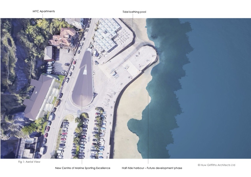 An annotated aerial view of Knab Rock in Mumbles, showing the proposed new Centre for Marine Sporting Excellence as a triangular roof structure beside the existing slipway, a rectangular tidal bathing pool to the east, the proposed MYC Apartments site to the west across Mumbles Road, and the area marked for a future half-tide harbour, all set against the limestone cliffs and Swansea Bay coastline
