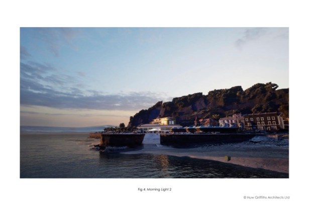 A computer-generated dawn view of the proposed Knab Rock development viewed from the sea, with golden morning light catching the cliff face, the new sporting centre building partially illuminated and the Mumbles village rooftops in soft silhouette