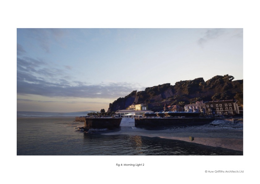 A computer-generated dawn view of the proposed Knab Rock development viewed from the sea, with golden morning light catching the cliff face, the new sporting centre building partially illuminated and the Mumbles village rooftops in soft silhouette