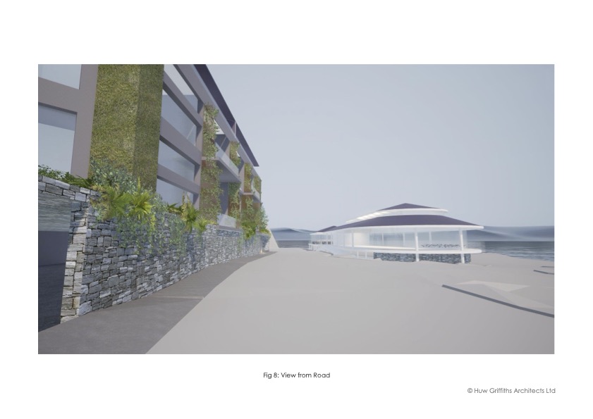 A computer-generated street-level view from Mumbles Road, showing a stone retaining wall with vertical green planting in front of a multi-storey apartment block on the left, and the curved roof of Verdi's café in the distance to the right