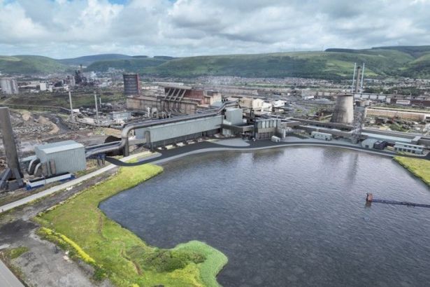 An aerial CGI visualisation of Tata Steel's Port Talbot plant, showing the planned new Electric Arc Furnace facility integrated with the existing steelworks, with the site's industrial buildings, cooling towers and surrounding hills of the Afan Valley in the background