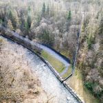 Aerial view of stone-walled drainage channelling and access path forming part of coal tip safety mitigation works at the Duffryn site near Cwmgwrach.