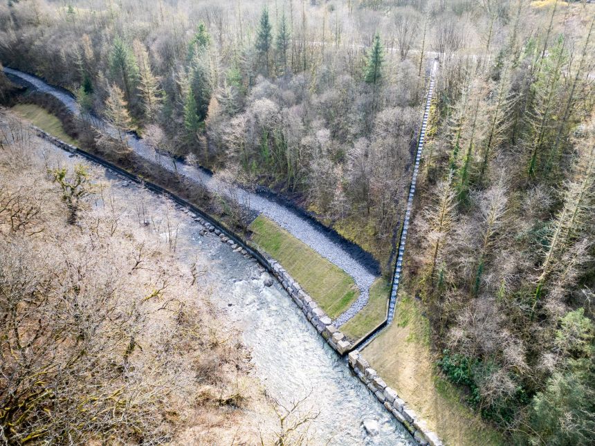 Aerial view of stone-walled drainage channelling and access path forming part of coal tip safety mitigation works at the Duffryn site near Cwmgwrach.