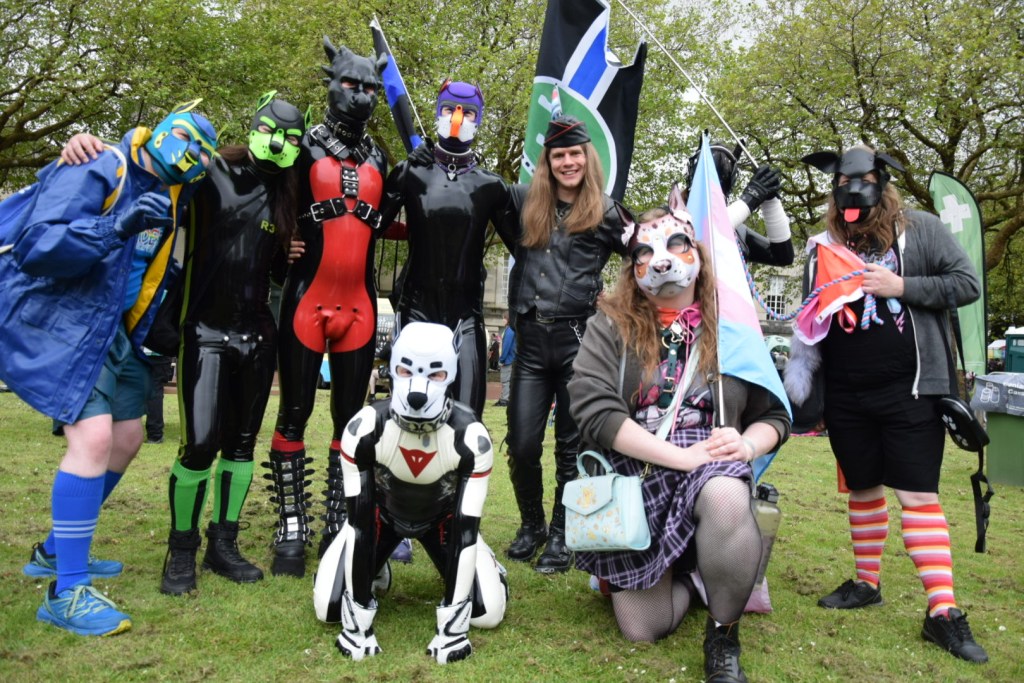 A group of people wearing fursuits, animal hoods and pup play gear pose together on the grass at the Swansea Pride 2026 festival outside the Guildhall, holding trans and other Pride flags.