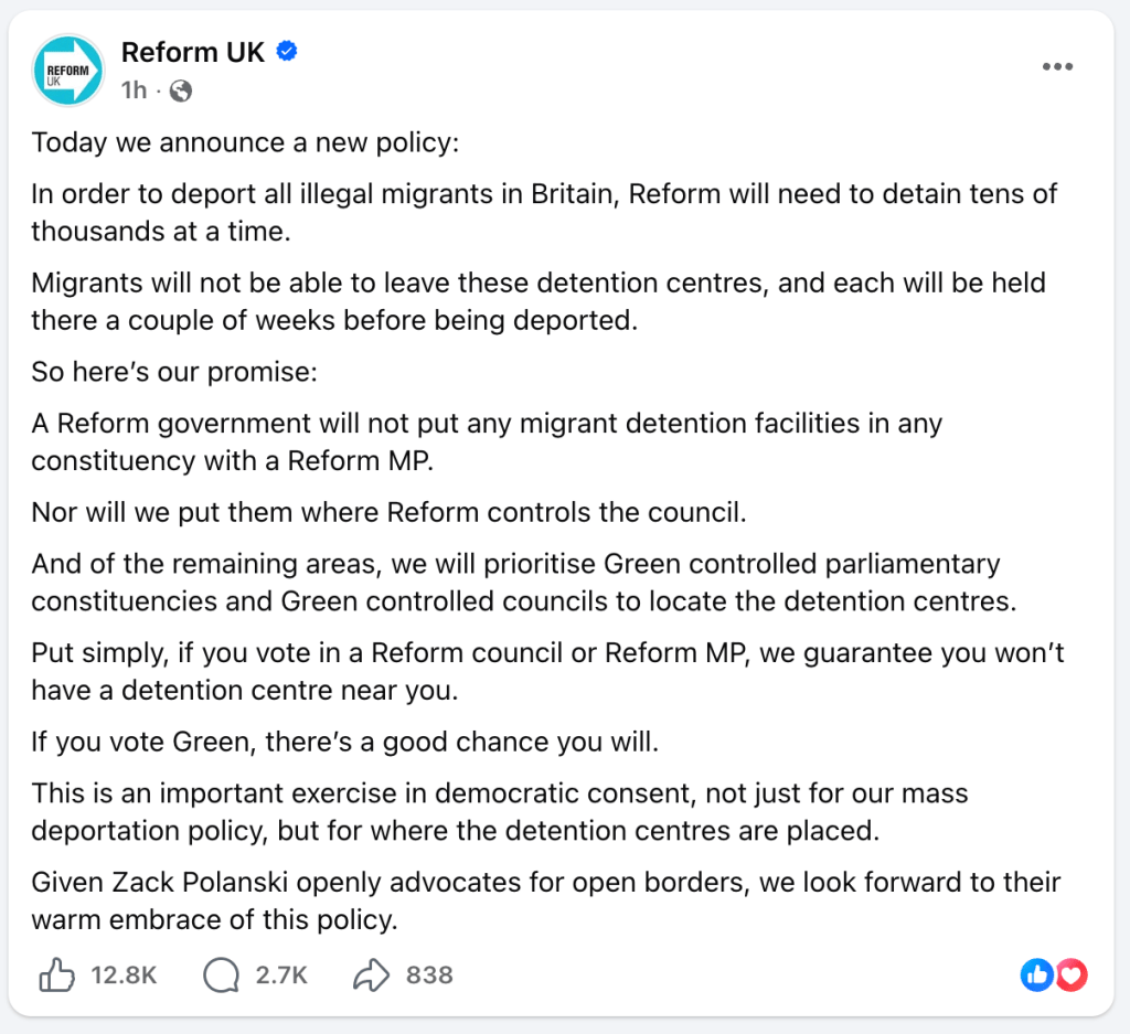 Screenshot of the Reform UK social media post