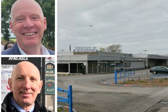 A composite image showing Cllr Martyn Palfreman (top left) and Cllr Edward Skinner (bottom left), the Hengoed ward councillors for Llanelli, alongside a Google Maps street view of the Pinopolis entertainment centre on Sandy Road — the site where Aldi is proposing to build a new supermarket.