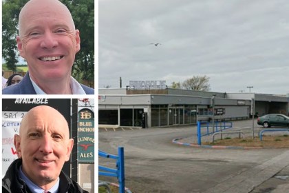 A composite image showing Cllr Martyn Palfreman (top left) and Cllr Edward Skinner (bottom left), the Hengoed ward councillors for Llanelli, alongside a Google Maps street view of the Pinopolis entertainment centre on Sandy Road — the site where Aldi is proposing to build a new supermarket.