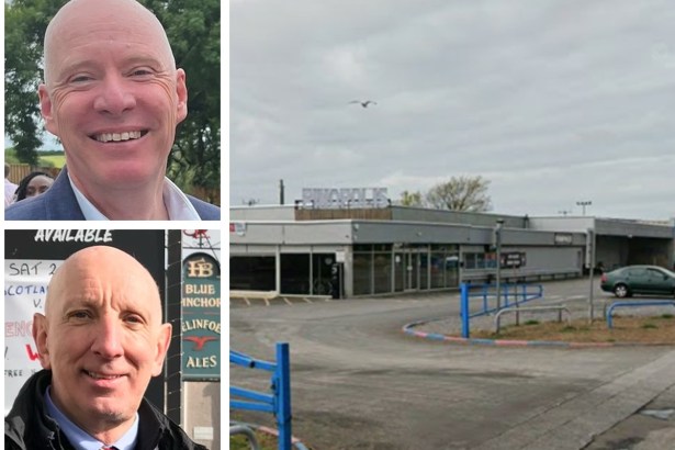 A composite image showing Cllr Martyn Palfreman (top left) and Cllr Edward Skinner (bottom left), the Hengoed ward councillors for Llanelli, alongside a Google Maps street view of the Pinopolis entertainment centre on Sandy Road — the site where Aldi is proposing to build a new supermarket.