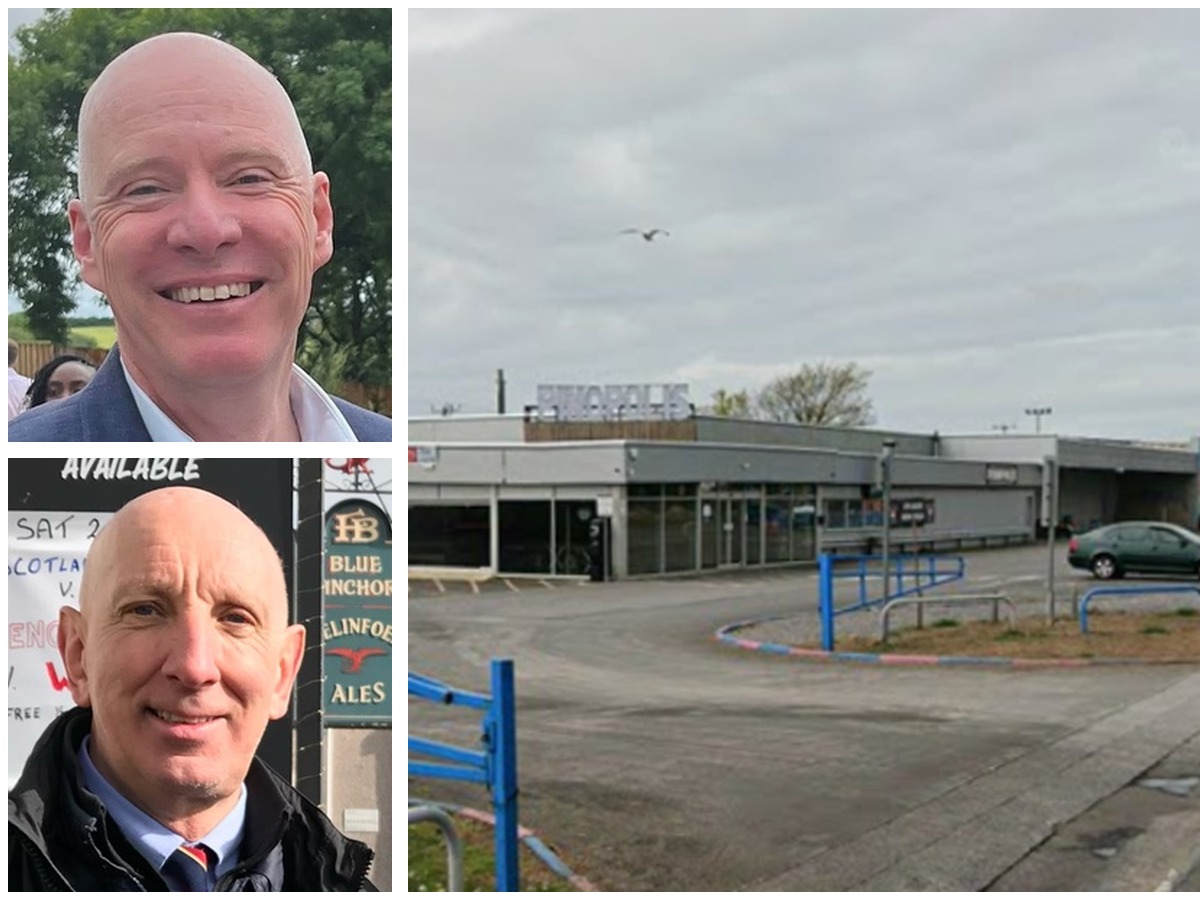 A composite image showing Cllr Martyn Palfreman (top left) and Cllr Edward Skinner (bottom left), the Hengoed ward councillors for Llanelli, alongside a Google Maps street view of the Pinopolis entertainment centre on Sandy Road — the site where Aldi is proposing to build a new supermarket.