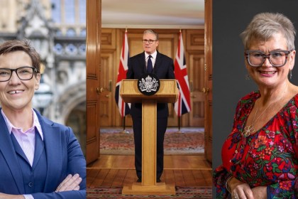 A three-panel composite image showing Gower MP Tonia Antoniazzi on the left, Prime Minister Keir Starmer at a Downing Street podium in the centre, and Swansea East MP Carolyn Harris on the right