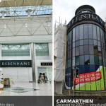 A split-screen composite showing the vacant former Debenhams unit inside Swansea's Quadrant Shopping Centre on the left, and the former Debenhams building in Carmarthen wrapped in scaffolding with a Coming Soon hoarding on the right