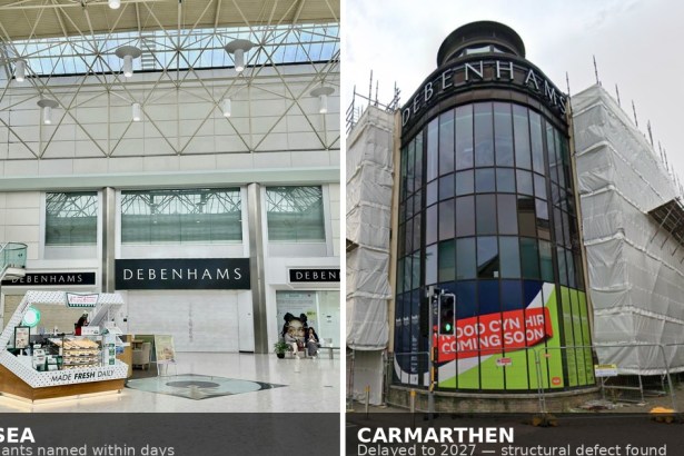 A split-screen composite showing the vacant former Debenhams unit inside Swansea's Quadrant Shopping Centre on the left, and the former Debenhams building in Carmarthen wrapped in scaffolding with a Coming Soon hoarding on the right