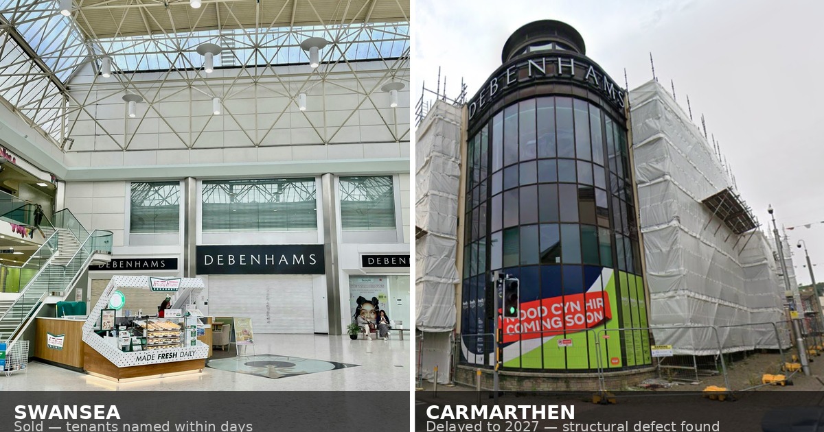A split-screen composite showing the vacant former Debenhams unit inside Swansea's Quadrant Shopping Centre on the left, and the former Debenhams building in Carmarthen wrapped in scaffolding with a Coming Soon hoarding on the right