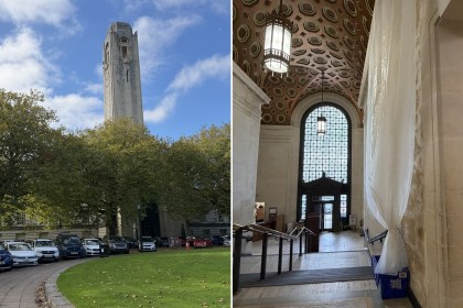 A split-screen image showing on the left the Portland stone clock tower of Swansea Guildhall rising above mature trees and a car park, and on the right the building's grand vaulted entrance hall with a long sheet of plastic sheeting hanging down a stone wall to a blue bucket positioned on the steps below