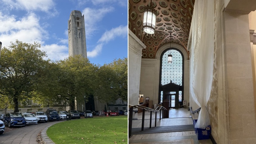 A split-screen image showing on the left the Portland stone clock tower of Swansea Guildhall rising above mature trees and a car park, and on the right the building's grand vaulted entrance hall with a long sheet of plastic sheeting hanging down a stone wall to a blue bucket positioned on the steps below
