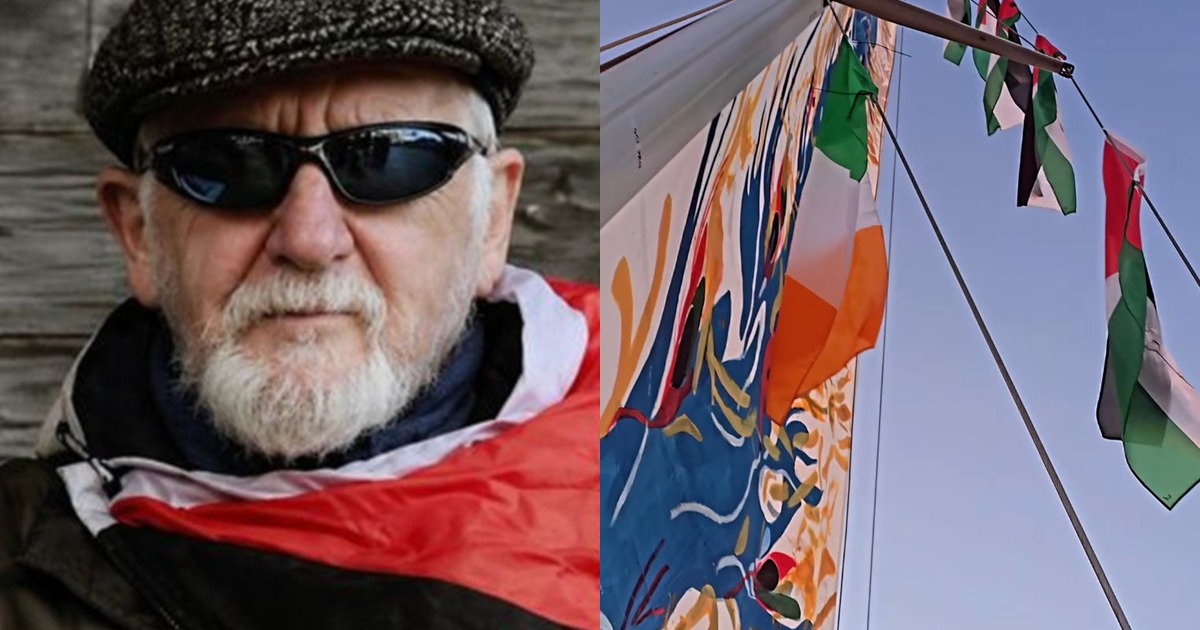 A portrait of Martin Guilfoyle, an older man with a white beard wearing a flat cap and sunglasses, alongside Irish and Palestinian flags flying from the mast of a flotilla vessel against a blue sky