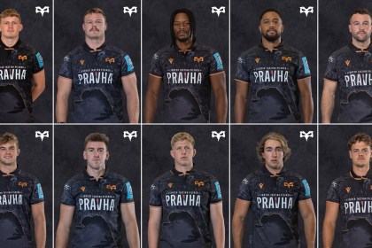 Top row (left to right): Jac Morgan, Dewi Lake, Dan Kasende, Phil Cokanasiga, Ryan Conbeer Bottom row: James Fender, Tom Florence, Will Greatbanks, Luke Scully, Jack Walsh