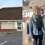 Left: the exterior of Meddygfa'r Sarn GP surgery in Pontyates, Carmarthenshire. Right: retired nurse Janet Knott smiles alongside Radio Cymru presenter Dylan Ebenezer inside Yr Egin, Carmarthen