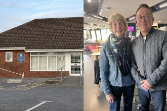 Left: the exterior of Meddygfa'r Sarn GP surgery in Pontyates, Carmarthenshire. Right: retired nurse Janet Knott smiles alongside Radio Cymru presenter Dylan Ebenezer inside Yr Egin, Carmarthen
