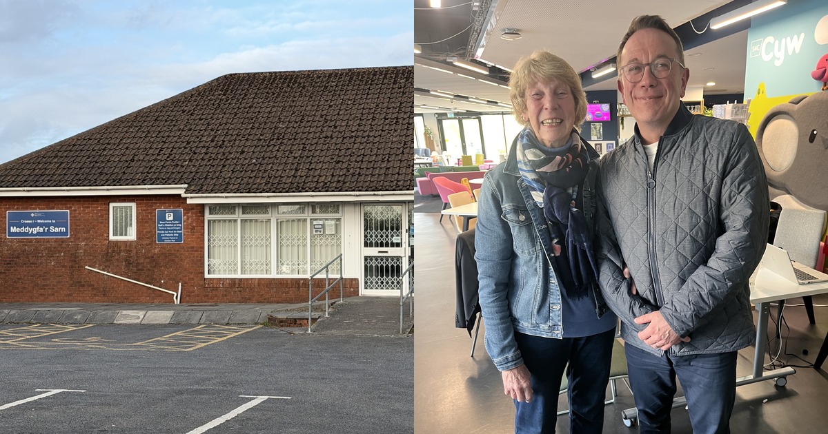 Left: the exterior of Meddygfa'r Sarn GP surgery in Pontyates, Carmarthenshire. Right: retired nurse Janet Knott smiles alongside Radio Cymru presenter Dylan Ebenezer inside Yr Egin, Carmarthen