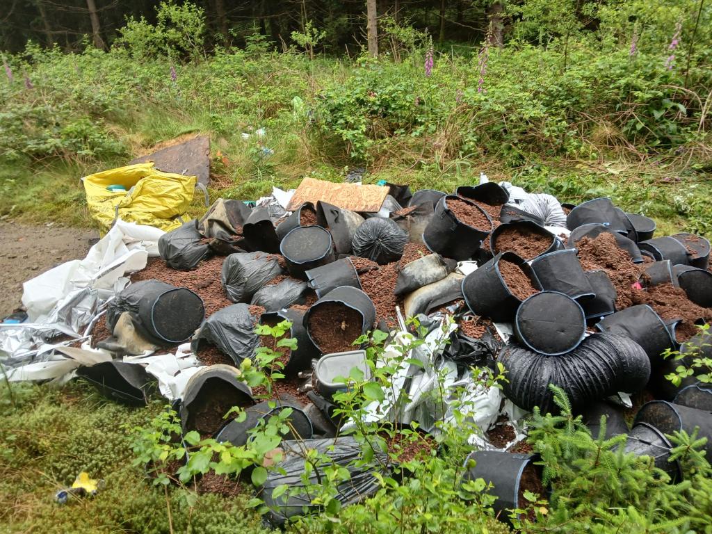 A close-up of dumped black planters filled with brown growing medium in woodland