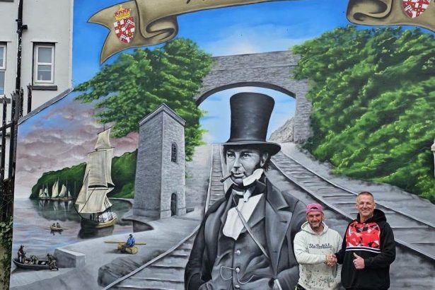 Briton Ferry's Brunel Mural with Cllr Gareth Rice and artist Jenks
