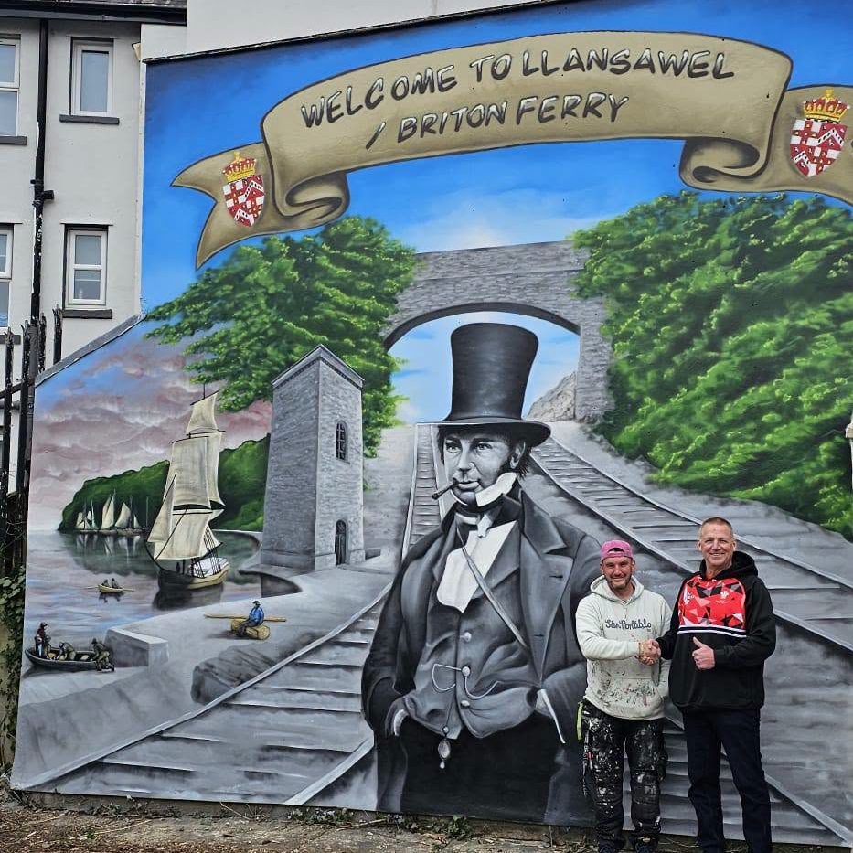 Briton Ferry's Brunel Mural with Cllr Gareth Rice and artist Jenks