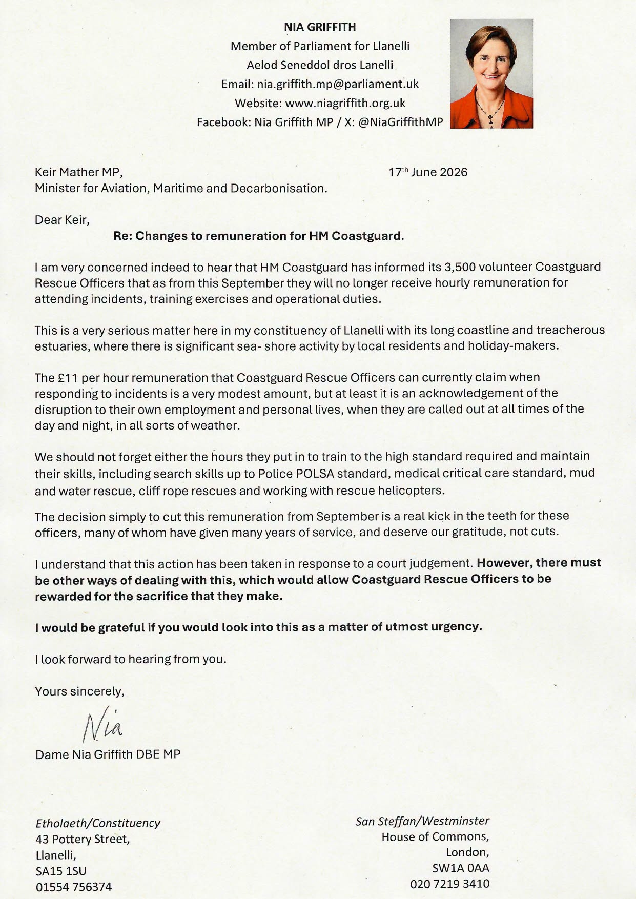A letter on Dame Nia Griffith MP's headed paper, dated 17 June 2026 and addressed to minister Keir Mather, urging an urgent rethink of plans to scrap hourly pay for volunteer coastguards.