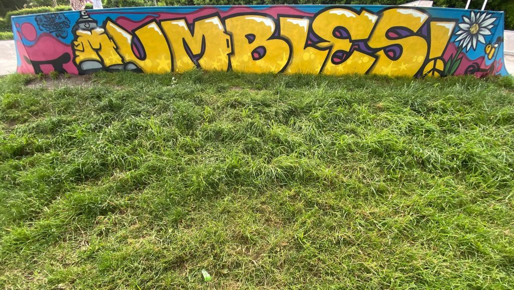 A mural spelling "Mumbles" in large yellow bubble letters with a spray-can character and a daisy, on a low skatepark wall.