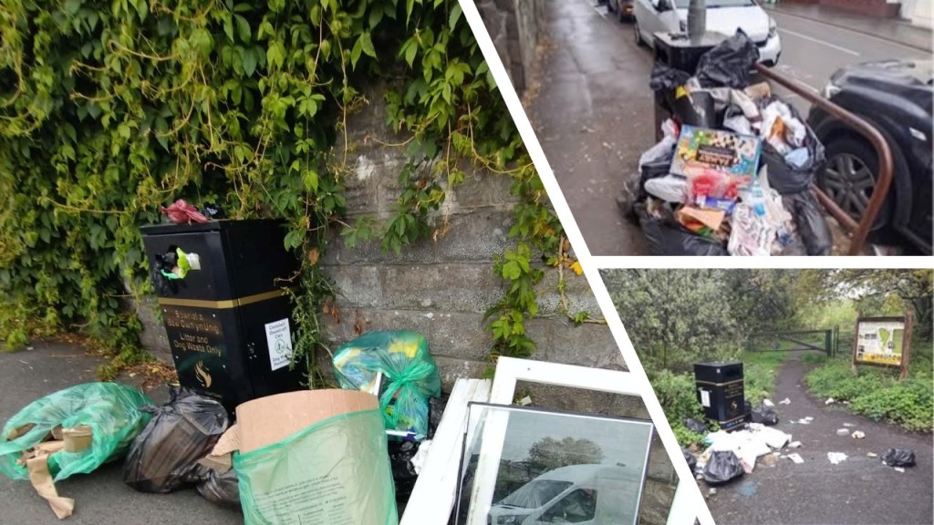 A montage showing fly-tipped household rubbish, bin bags and old window frames left next to public litter bins in Swansea, with litter scattered over pavements and a path.