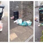 A three-part image showing bags of household waste dumped beside black litter bins on Swansea streets and an overflowing bin with rubbish scattered across a footpath.