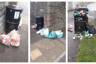 A three-part image showing bags of household waste dumped beside black litter bins on Swansea streets and an overflowing bin with rubbish scattered across a footpath.