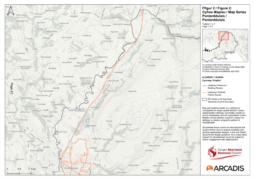 A map panel covering Pontarddulais and villages including Garnswllt and Llanedi, with a long red dashed line marking a proposed future walking and cycling route running north to south, and green lines marking existing routes near the town.