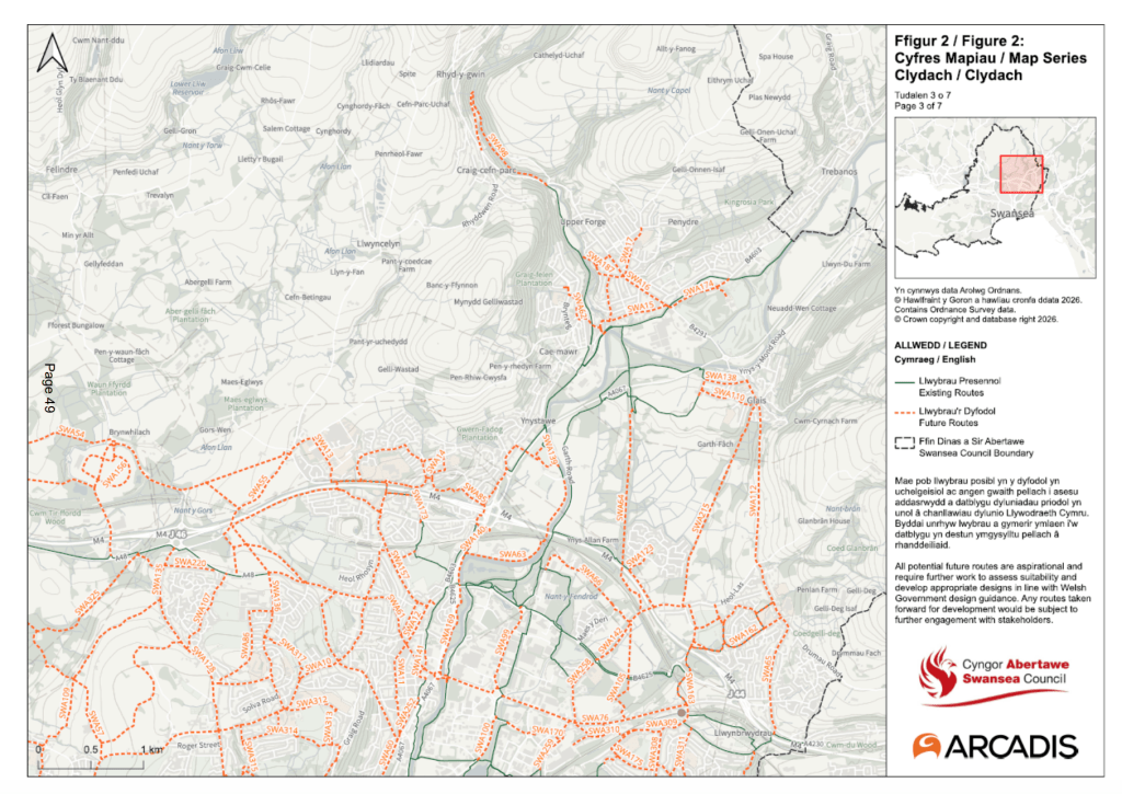A map panel covering Clydach, Glais and the upper Tawe valley, with proposed and existing walking and cycling routes following the valley.