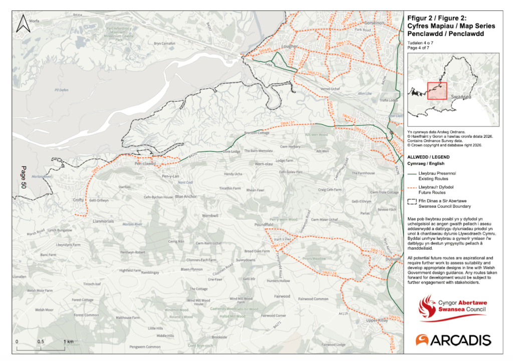 A map panel covering Penclawdd and Gowerton along the Loughor estuary, showing a proposed route along the B4295 between the two and existing routes nearby.
