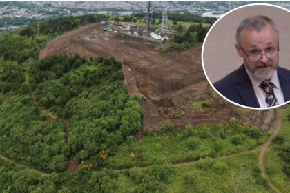Gwyn Williams MS (inset) and Kilvey Hill under construction for Skyline (Image: Skyline)