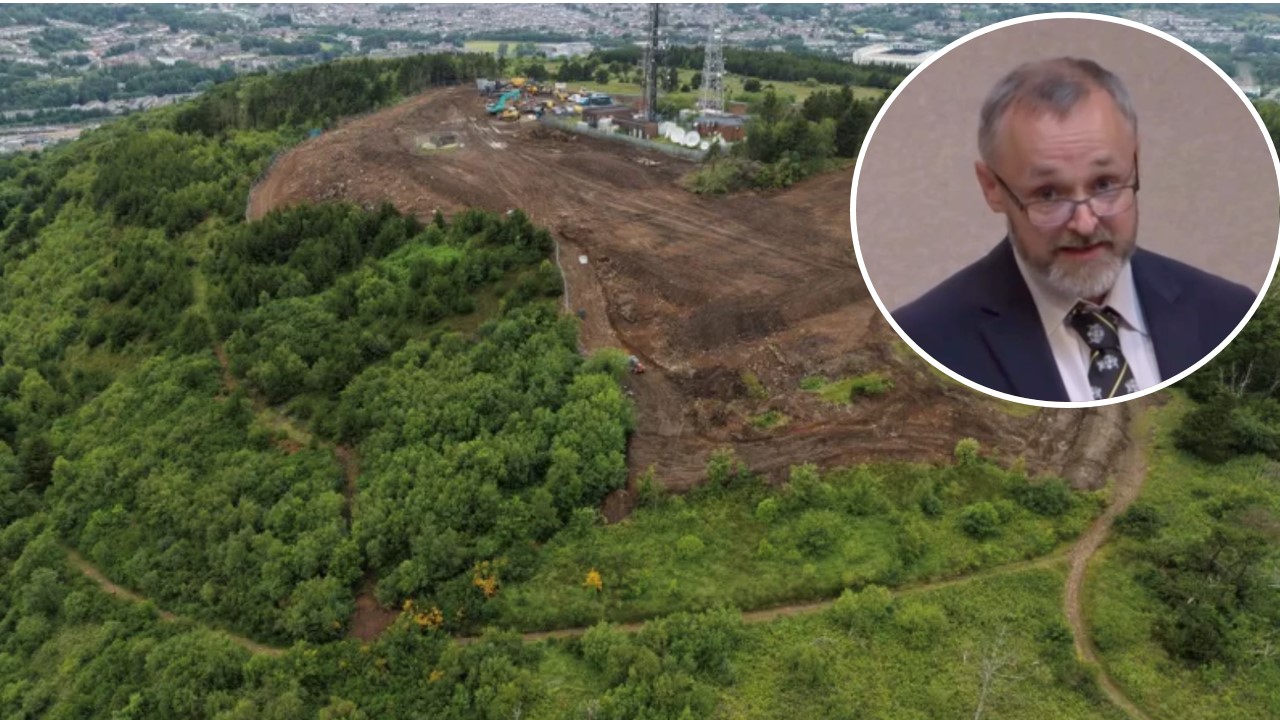 Gwyn Williams MS (inset) and Kilvey Hill under construction for Skyline (Image: Skyline)