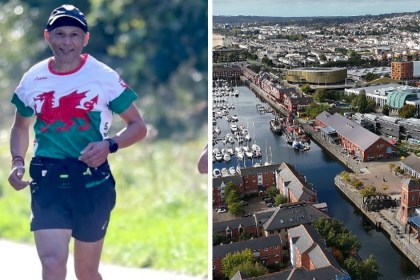 A man in a red, green and white Wales dragon running shirt jogs along a path, beside an aerial view of Swansea's marina and the River Tawe.