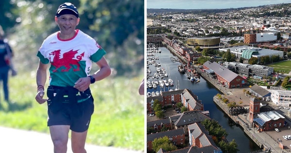 A man in a red, green and white Wales dragon running shirt jogs along a path, beside an aerial view of Swansea's marina and the River Tawe.