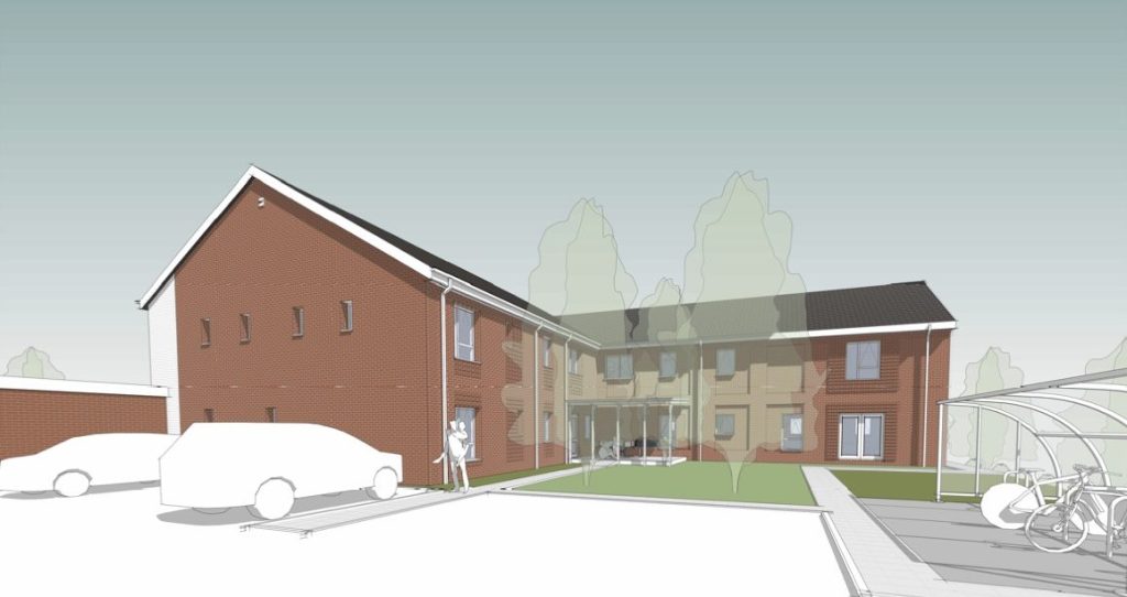 Artist's impression of the proposed red-brick assisted-living apartment block in Croeserw, with parking, a landscaped courtyard and a covered cycle store