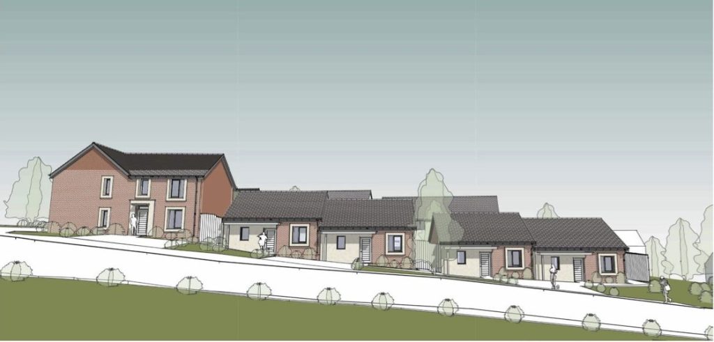 Artist's impression of the proposed Croeserw development, showing houses and bungalows stepping down a sloping street