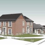 Artist's impression of a proposed two-storey red-brick house alongside single-storey bungalows in Croeserw